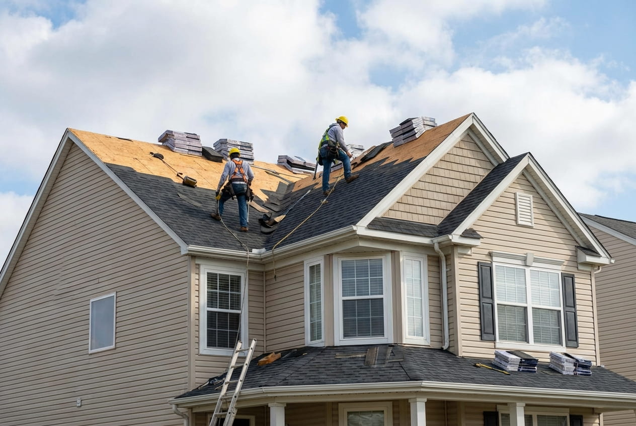 Roofer working on house